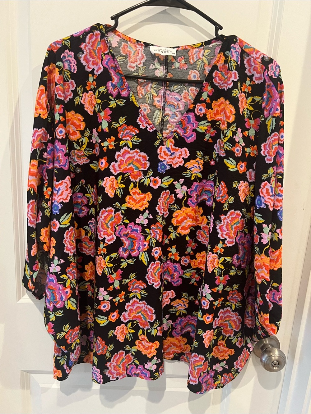 Women's Black Floral V-Neck Blouse Size S/M (Oversized)